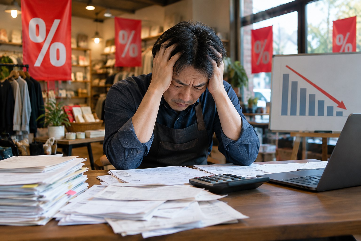 安売りを続けて利益が減り、頭を抱える男性経営者